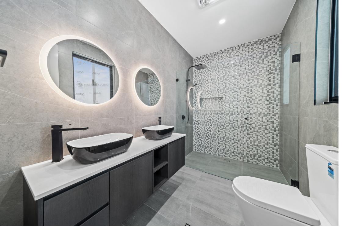 Contemporary Bathroom — Twin Basins & Mosaic Feature Wall