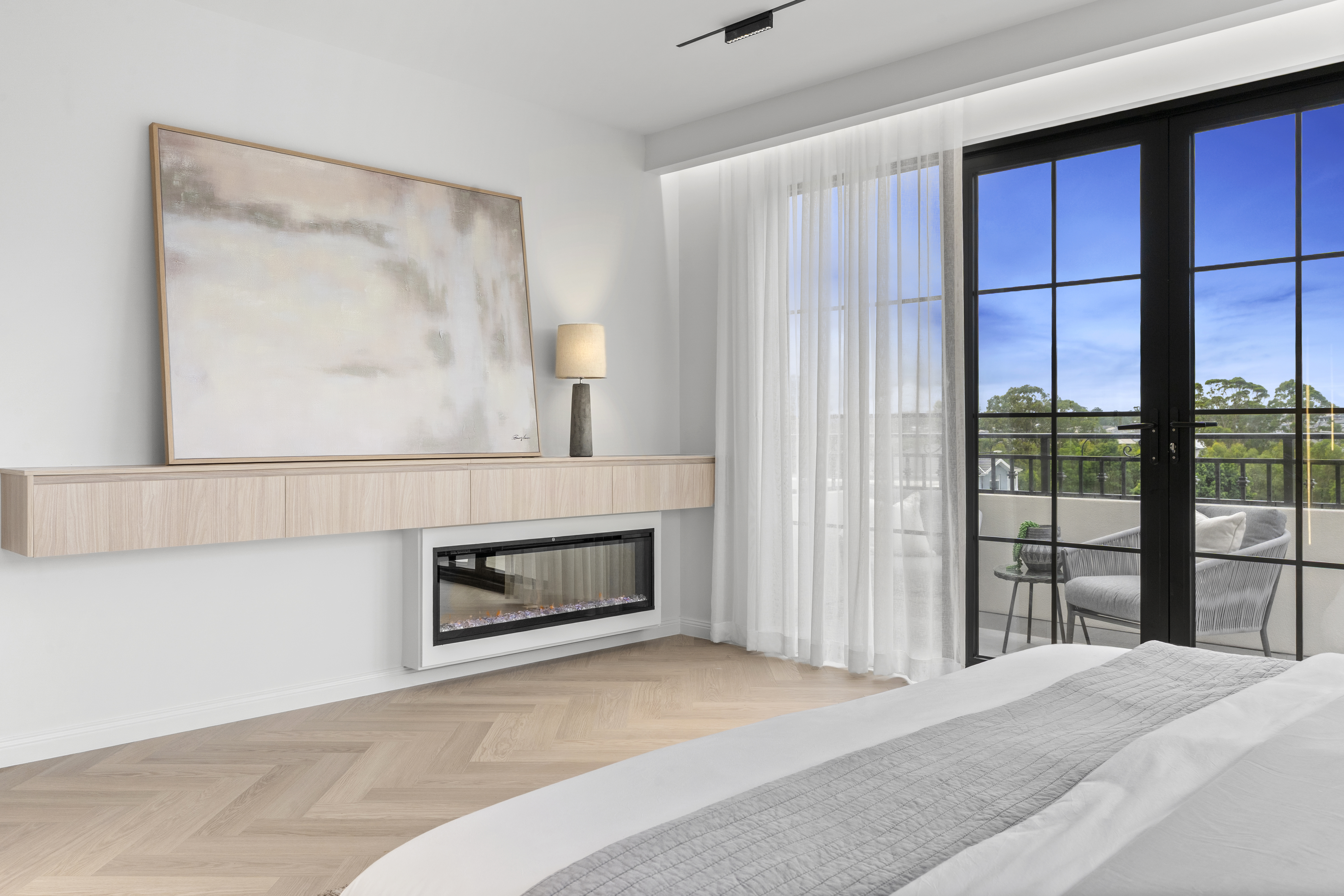 Master Bedroom — Herringbone Floor & Fireplace