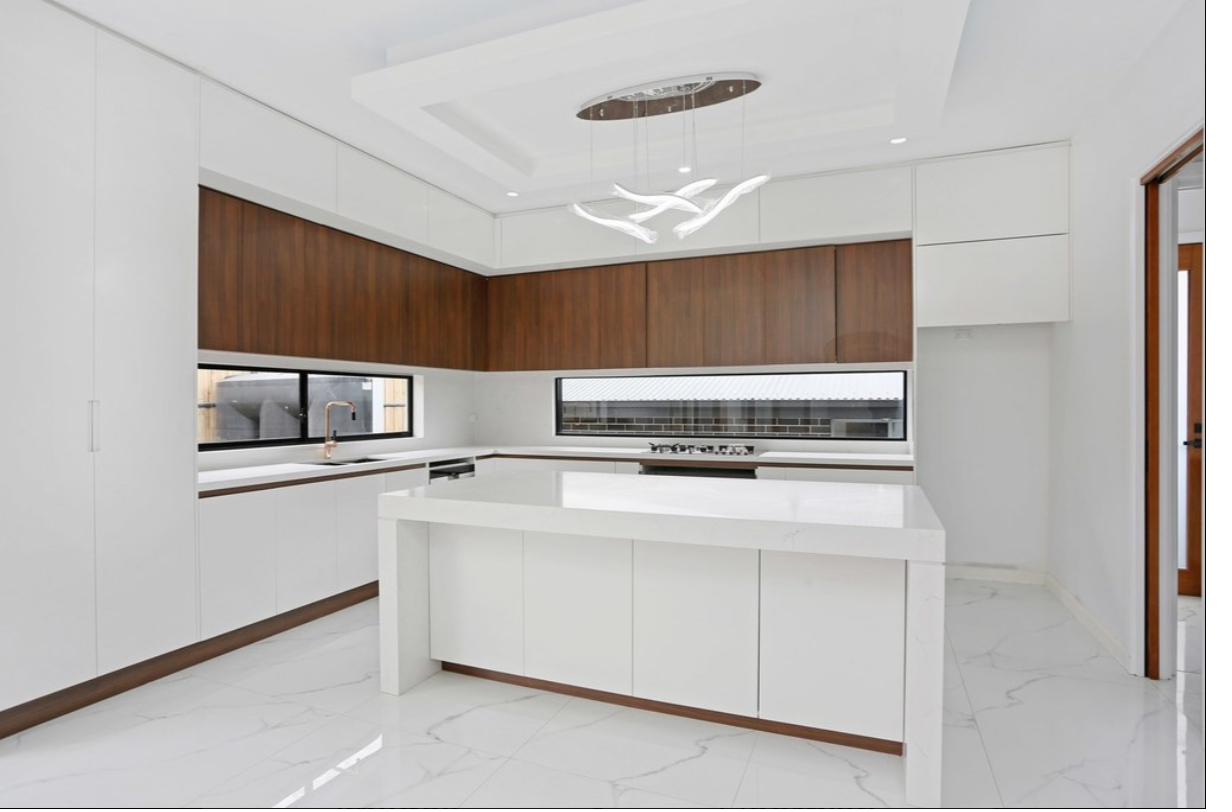 White & Timber Kitchen — Marble Floor